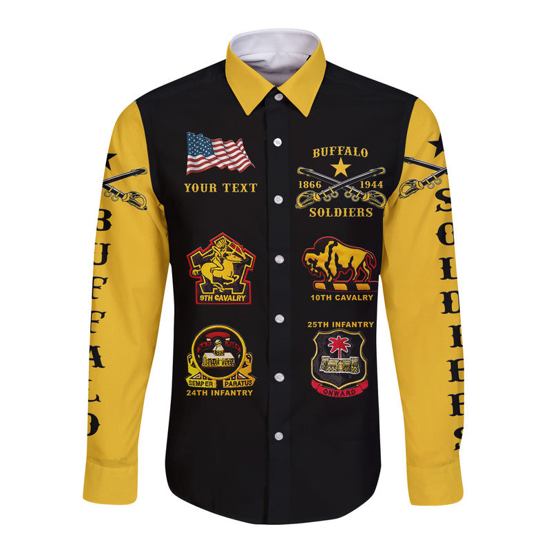 Personalized Buffalo Soldiers Hawaii Long Sleeve Button Shirt African American Military Original Style - Black Gold  - African Pride