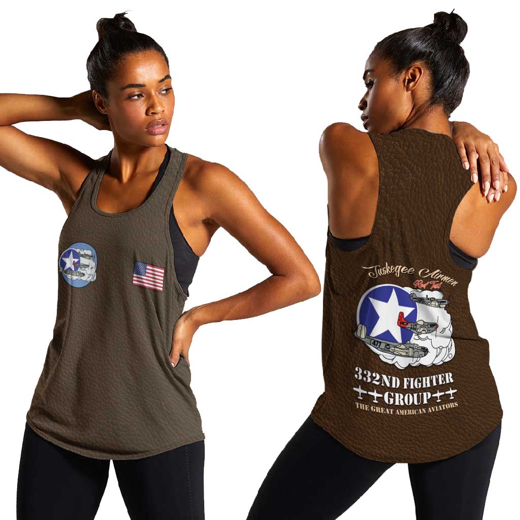 African American Aviators WWII Women Racerback Tank Tuskegee Red Tails Airmen Brown Leather Pattern - African Pride