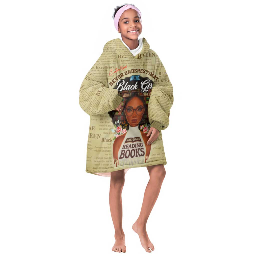 Personalized Black Girl African KId Wearable Blanket Hoodie Never Underestimate A Book Lover