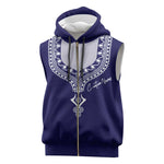 Printed Dashiki African Sleeveless Zip Hoodie Blue - African Pride