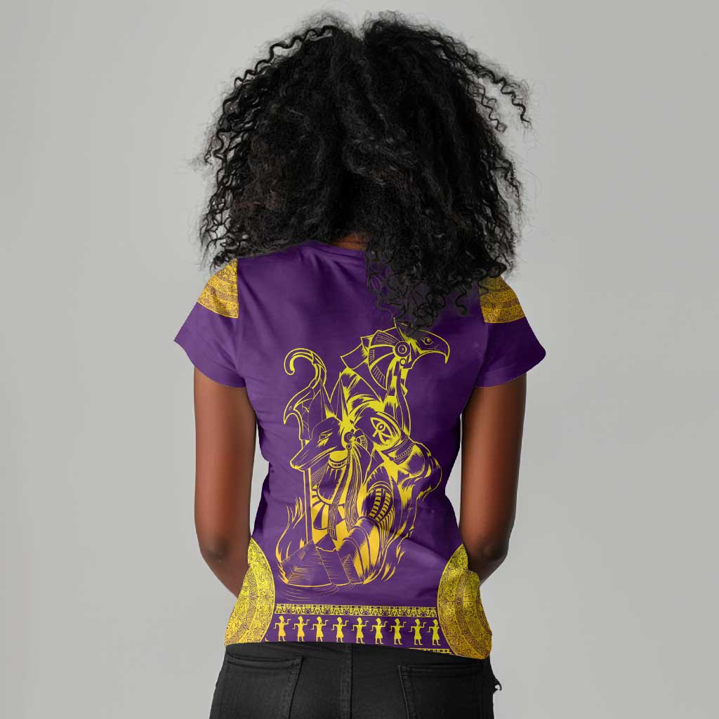 Anubis and Horus Women V-Neck T-Shirt Egyptian God Purple