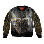 Anubis Sleeve Zip Bomber Jacket Egypt Pattern Black