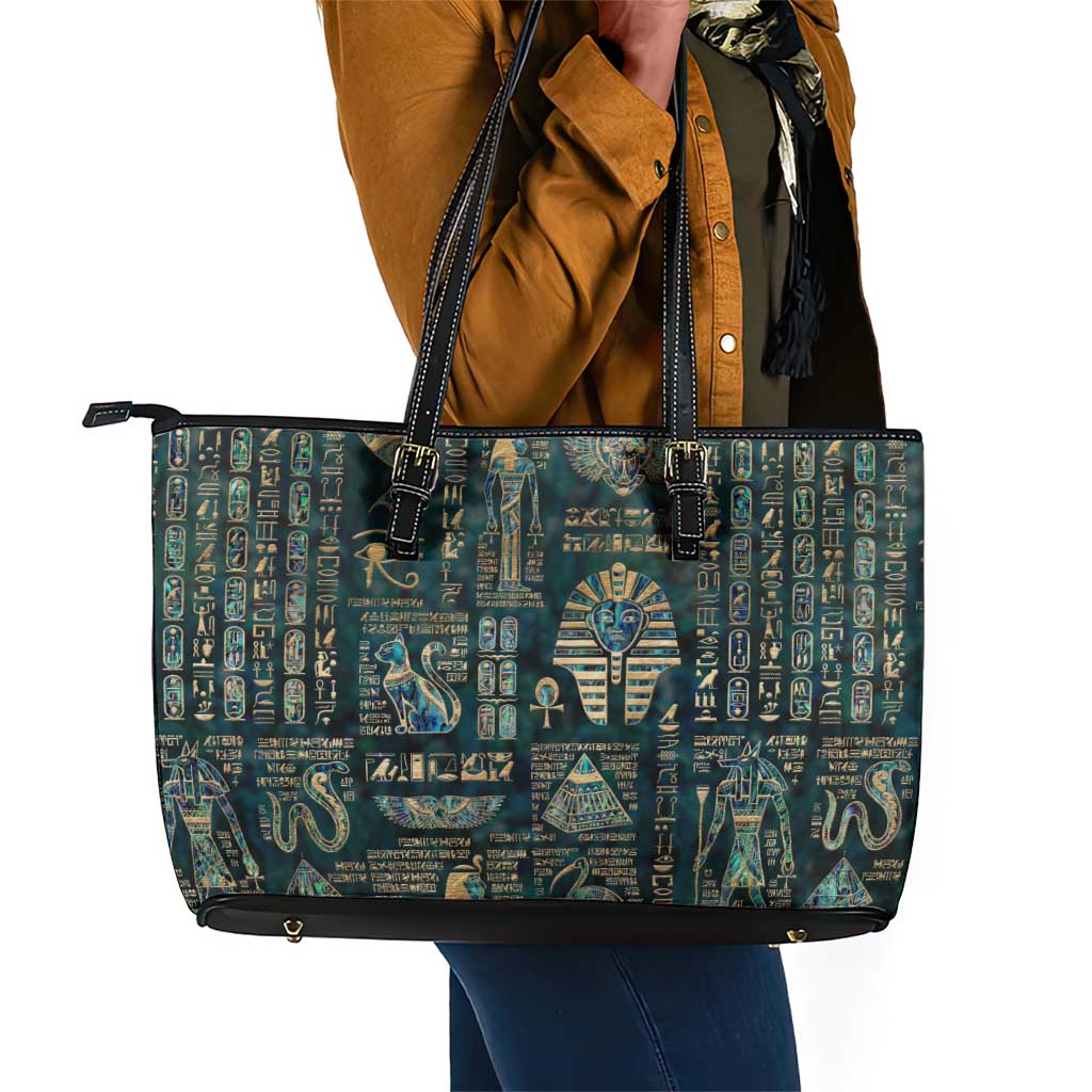 Egyptian Hieroglyphs And Deities Leather Tote Bag