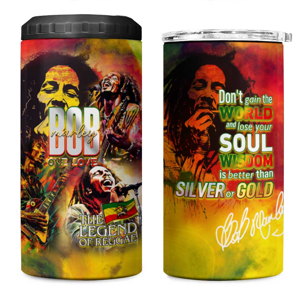 The Legend of Reggae One Love 4 in 1 Can Cooler Tumbler Bob Colorful Art