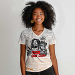 Afro King of Reggae Legend Bob Women V-Neck T-Shirt Rastafari Lion Cannabis Typography Style