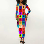Multi Color Adinkra Symbols Long Sleeve Bodycon Dress African Adrinkra DT02