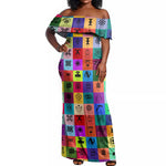 Multi Color Adinkra Symbols Off Shoulder Maxi Dress African Adrinkra