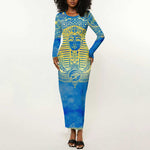 Personalized Egyptian Pharaoh Long Sleeve Bodycon Dress with Mandala and Eye of Horus in Blue DT02