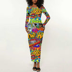 Hip Hop Graffiti Art Long Sleeve Bodycon Dress Black Power DT02