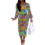 Hip Hop Graffiti Art Off The Shoulder Long Sleeve Dress Black Power