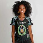Personalized Djibouti Roots Women V-Neck T-Shirt African Pride in Fingerprint and Tribal Colors