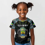 Personalized Gabon Roots Kid T shirt African Pride in Fingerprint and Tribal Colors
