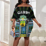 Personalized Gabon Roots Off Shoulder Short Dress African Pride in Fingerprint and Tribal Colors