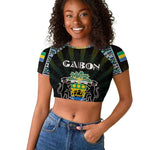 Personalized Gabon Roots Raglan Cropped T shirt African Pride in Fingerprint and Tribal Colors