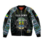 Personalized Gabon Roots Sleeve Zip Bomber Jacket African Pride in Fingerprint and Tribal Colors