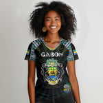 Personalized Gabon Roots Women V-Neck T-Shirt African Pride in Fingerprint and Tribal Colors