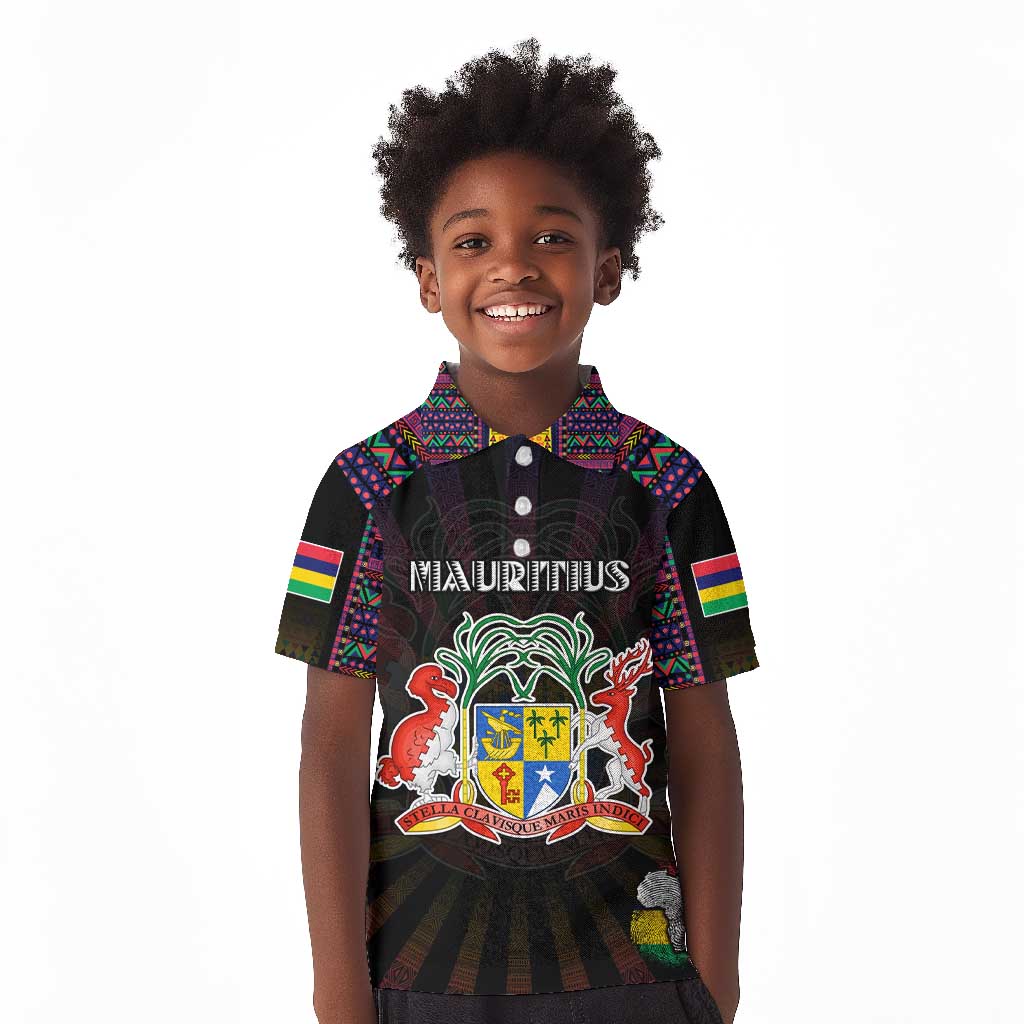 Personalized Mauritius Roots Kid Polo Shirt African Pride in Fingerprint and Tribal Colors