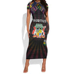 Personalized Mauritius Roots Short Sleeve Bodycon Dress African Pride in Fingerprint and Tribal Colors