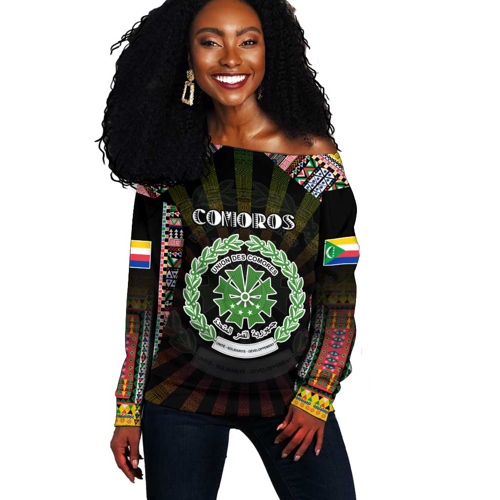 Personalized Comoros Roots Off Shoulder Sweater African Pride in Fingerprint and Tribal Colors