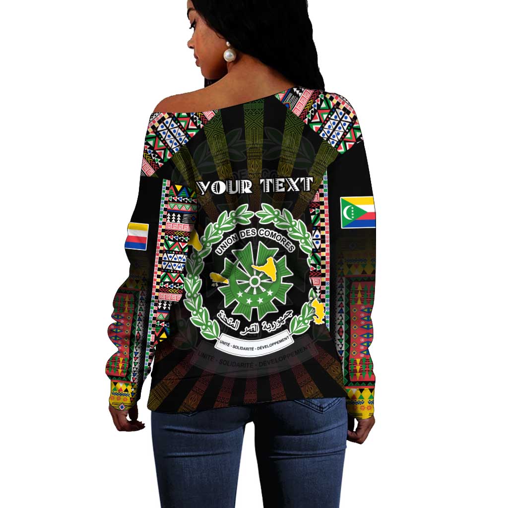 Personalized Comoros Roots Off Shoulder Sweater African Pride in Fingerprint and Tribal Colors