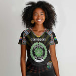 Personalized Comoros Roots Women V-Neck T-Shirt African Pride in Fingerprint and Tribal Colors
