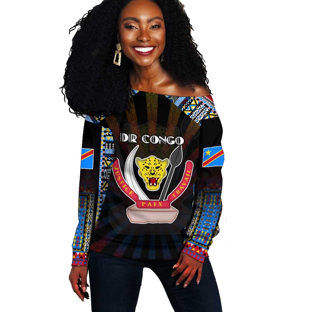 Personalized DR Congo Roots Off Shoulder Sweater African Pride in Fingerprint and Tribal Colors