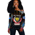 Personalized DR Congo Roots Off Shoulder Sweater African Pride in Fingerprint and Tribal Colors