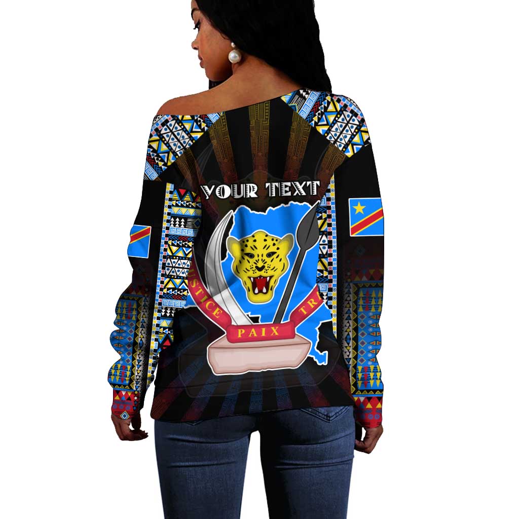 Personalized DR Congo Roots Off Shoulder Sweater African Pride in Fingerprint and Tribal Colors