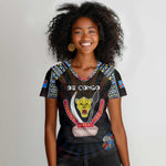 Personalized DR Congo Roots Women V-Neck T-Shirt African Pride in Fingerprint and Tribal Colors