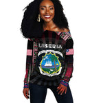 Personalized Liberia Roots Off Shoulder Sweater African Pride in Fingerprint and Tribal Colors