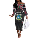 Personalized Liberia Roots Off The Shoulder Long Sleeve Dress African Pride in Fingerprint and Tribal Colors