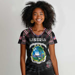 Personalized Liberia Roots Women V-Neck T-Shirt African Pride in Fingerprint and Tribal Colors
