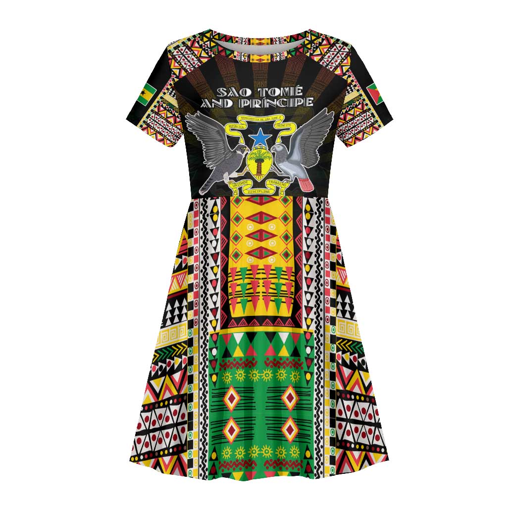 Personalized Sao Tome and Principe Roots Kid Short Sleeve Dress African Pride in Fingerprint and Tribal Colors