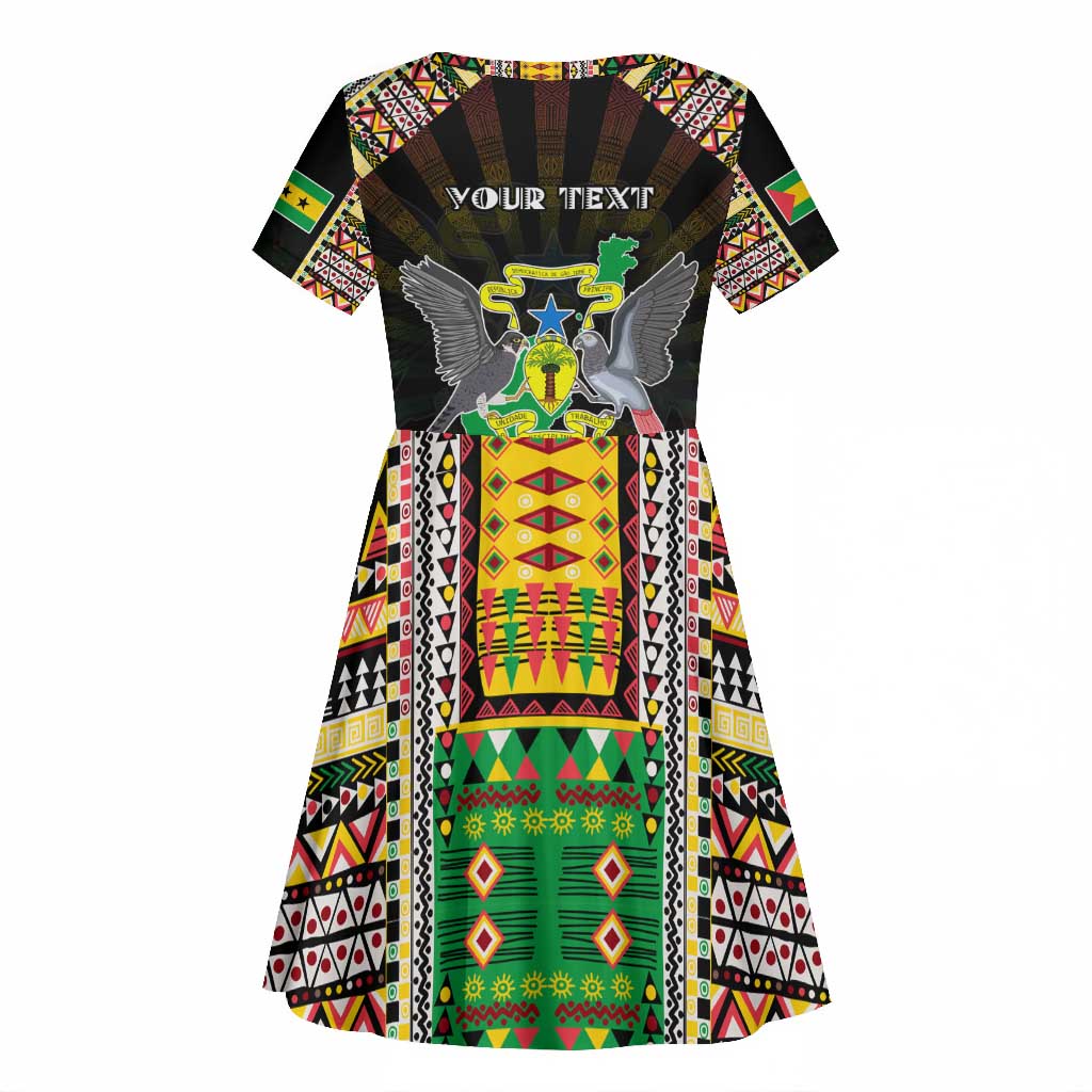 Personalized Sao Tome and Principe Roots Kid Short Sleeve Dress African Pride in Fingerprint and Tribal Colors