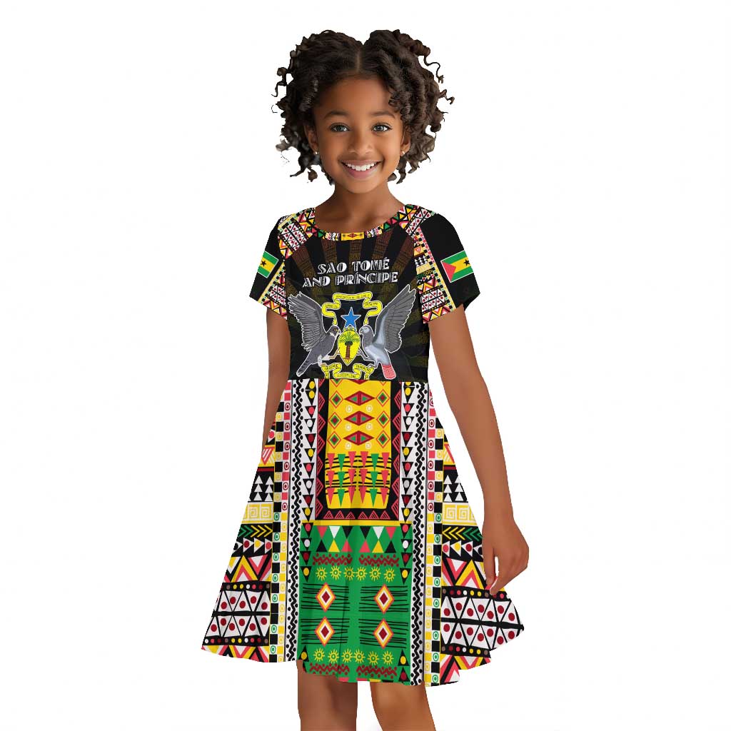Personalized Sao Tome and Principe Roots Kid Short Sleeve Dress African Pride in Fingerprint and Tribal Colors