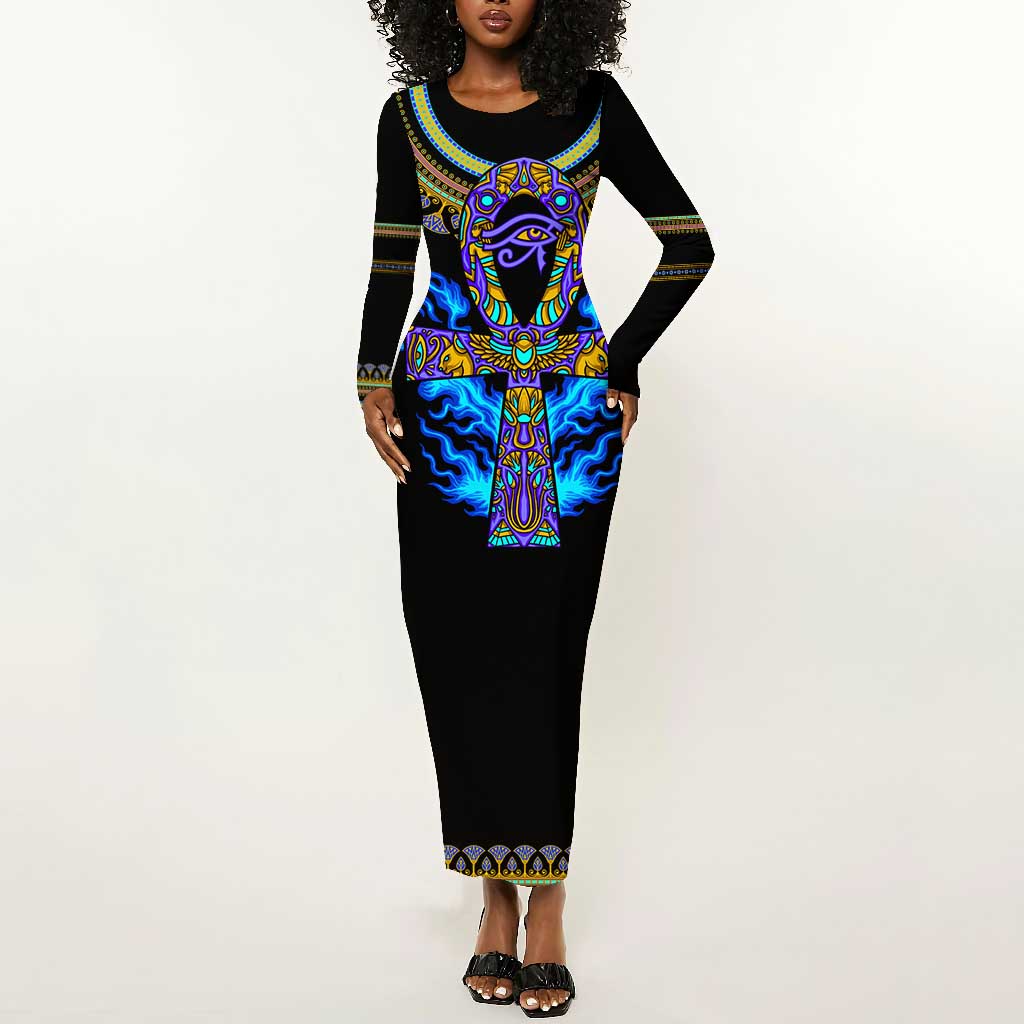 Egyptian Ankh Golden Blue Fire Long Sleeve Bodycon Dress DT02