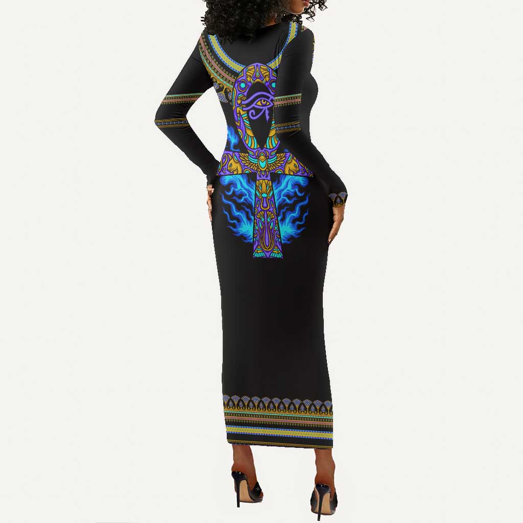Egyptian Ankh Golden Blue Fire Long Sleeve Bodycon Dress DT02