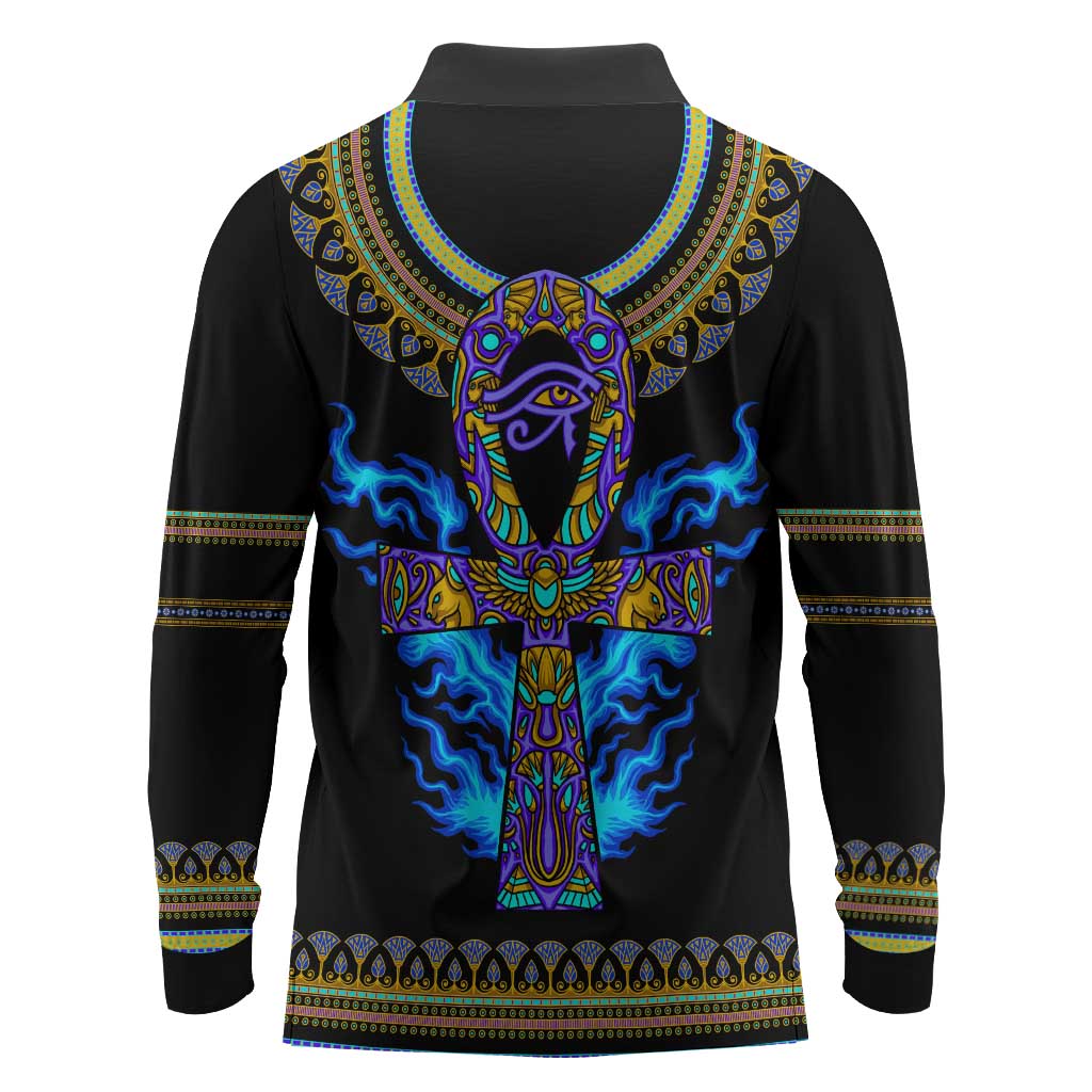 Egyptian Ankh Golden Blue Fire Long Sleeve Polo Shirt