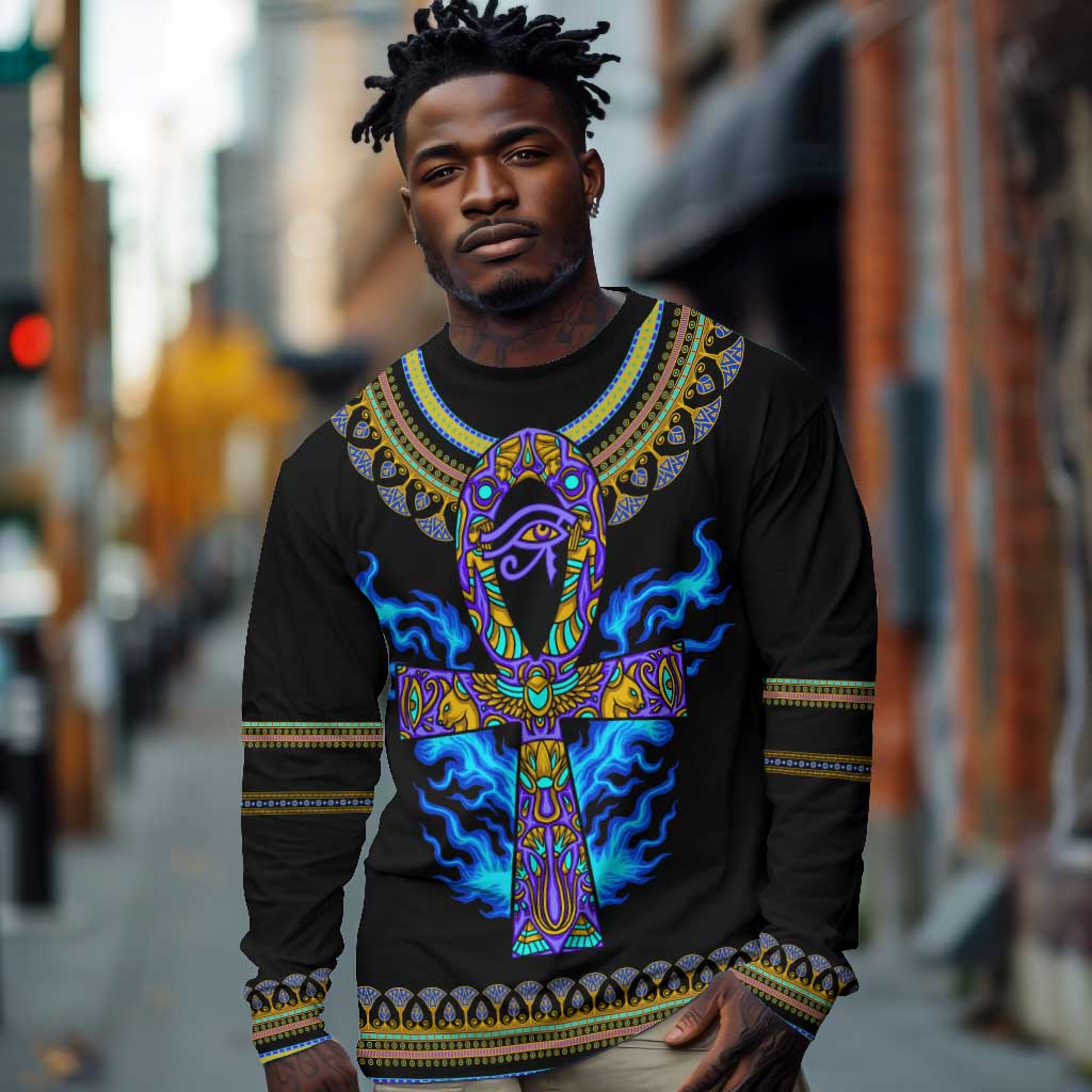 Egyptian Ankh Golden Blue Fire Long Sleeve Shirt DT02