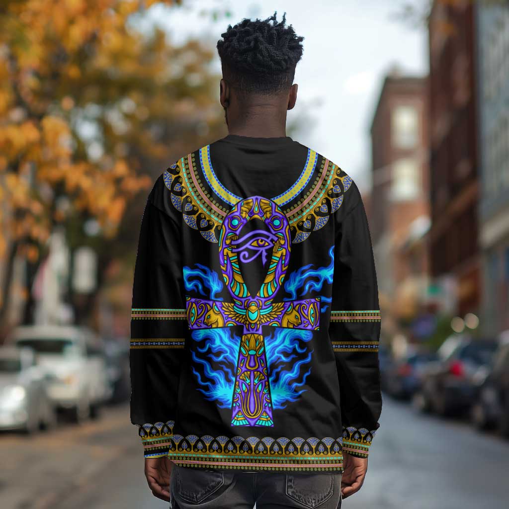 Egyptian Ankh Golden Blue Fire Long Sleeve Shirt DT02