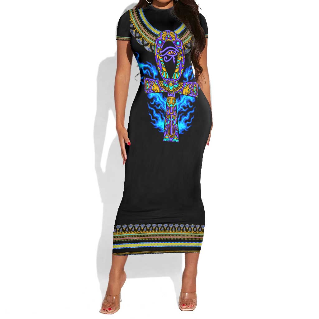 Egyptian Ankh Golden Blue Fire Short Sleeve Bodycon Dress DT02