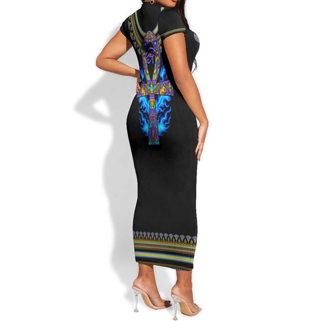 Egyptian Ankh Golden Blue Fire Short Sleeve Bodycon Dress DT02