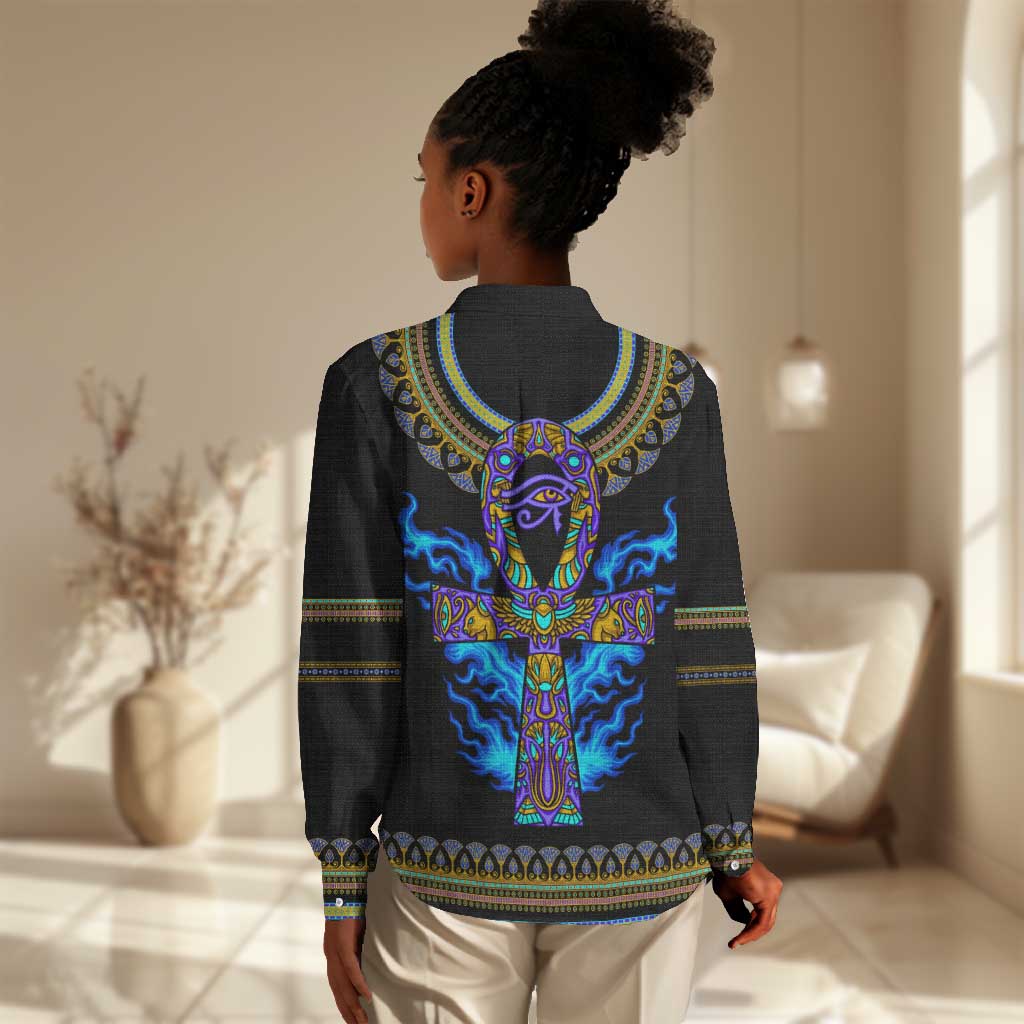 Egyptian Ankh Golden Blue Fire Women Casual Shirt DT02