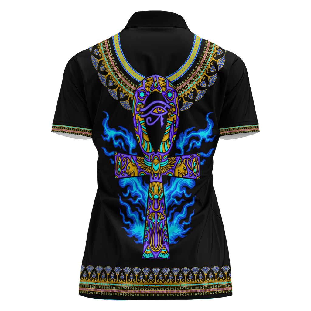 Egyptian Ankh Golden Blue Fire Women Polo Shirt