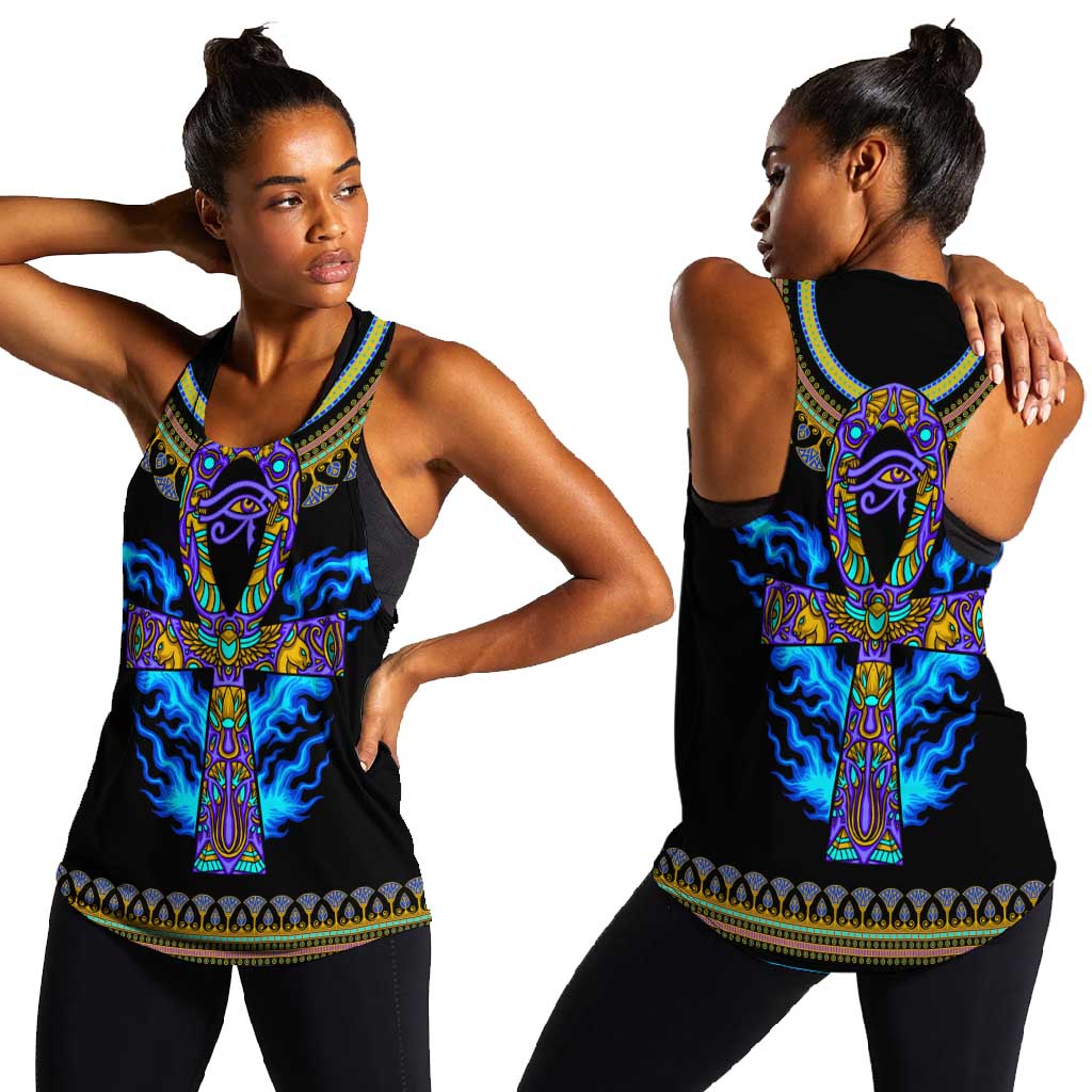 Egyptian Ankh Golden Blue Fire Women Racerback Tank