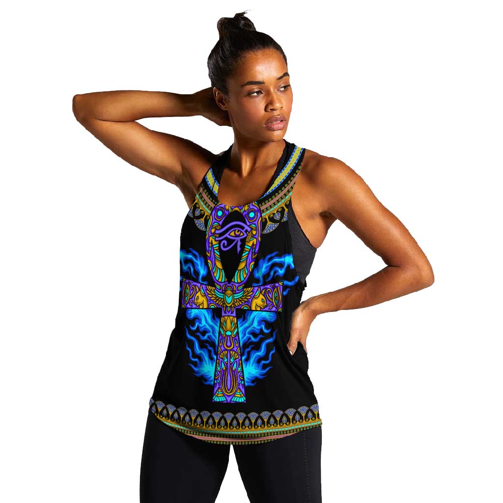 Egyptian Ankh Golden Blue Fire Women Racerback Tank