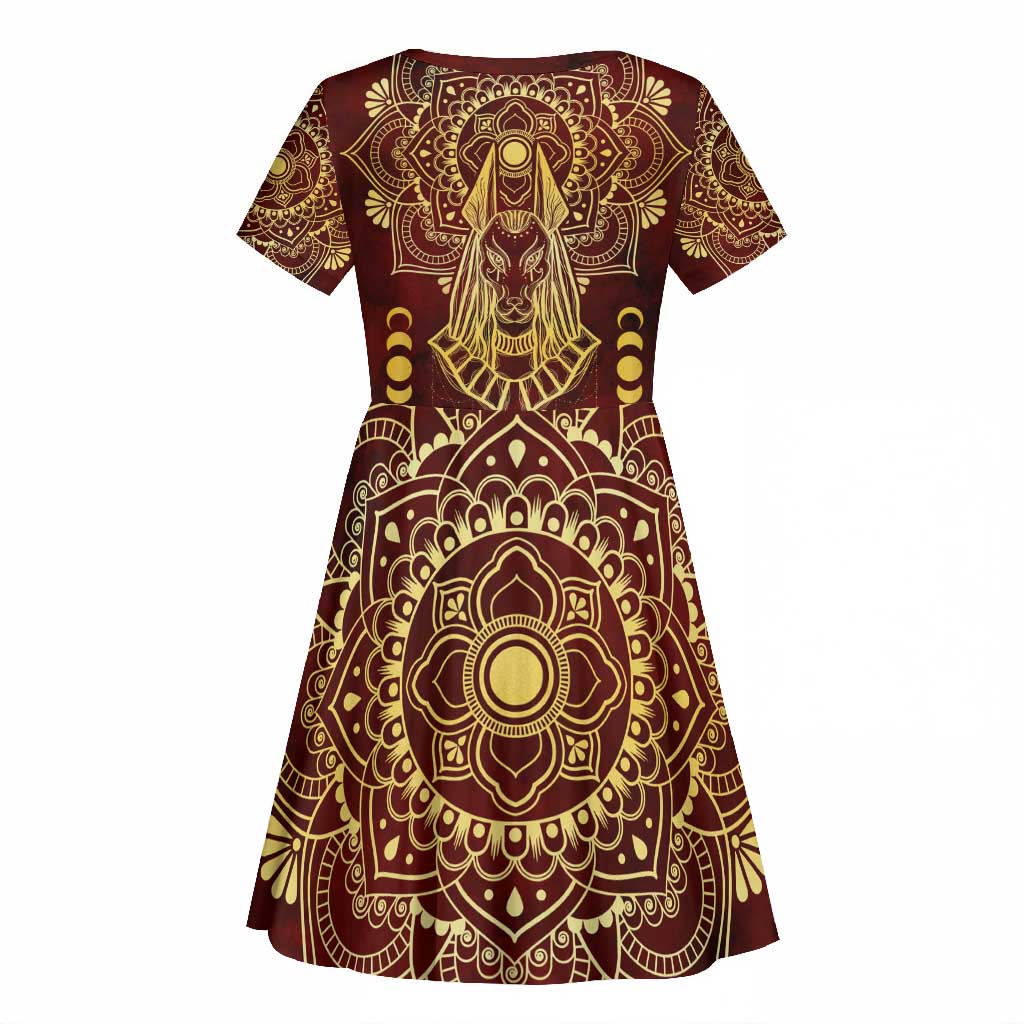 Personalized Anubis Kid Short Sleeve Dress Ancient Egyptian Pattern In Red