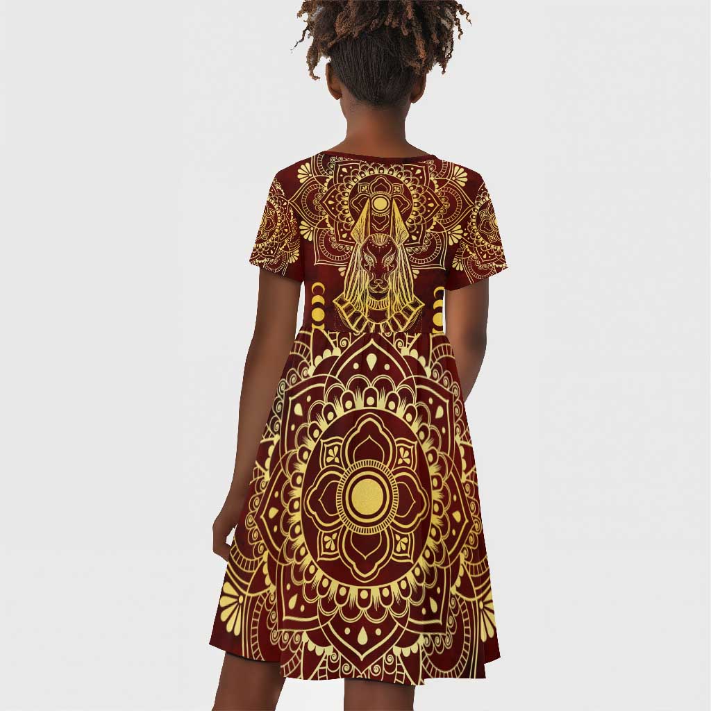 Personalized Anubis Kid Short Sleeve Dress Ancient Egyptian Pattern In Red