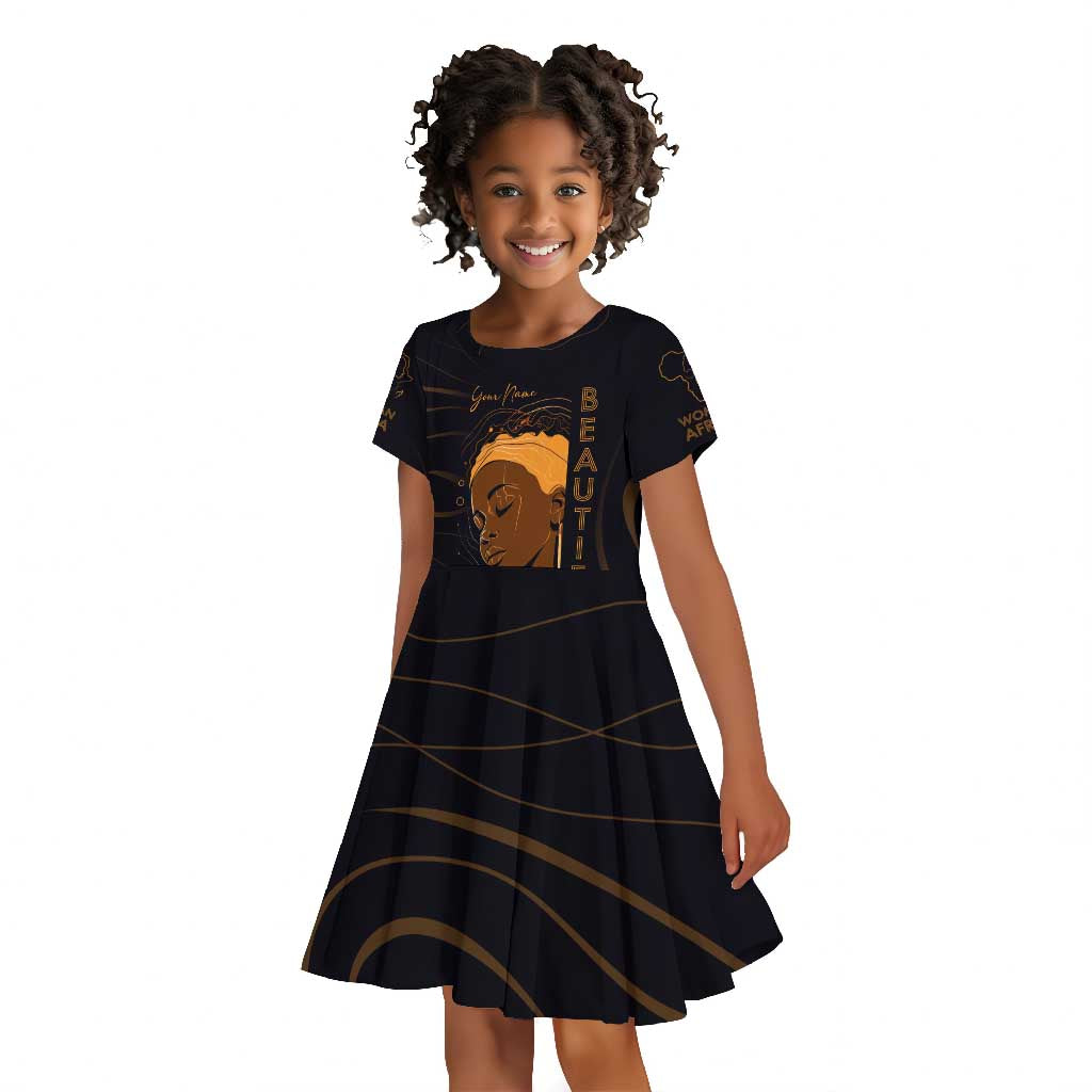 Personalized Beautiful Black Girl Kid Short Sleeve Dress - Women of Africa Design