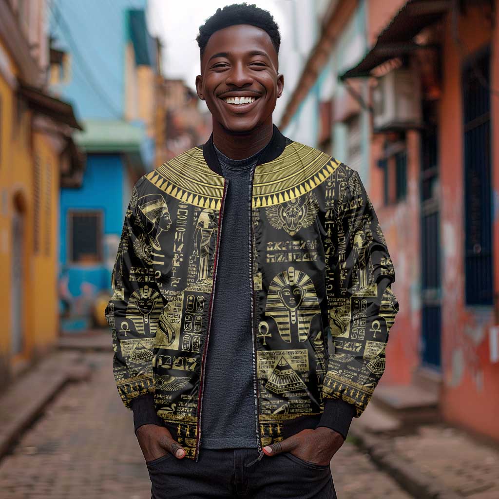 Egypt Pharaoh Bomber Jacket Egyptian Hieroglyphs and Symbols